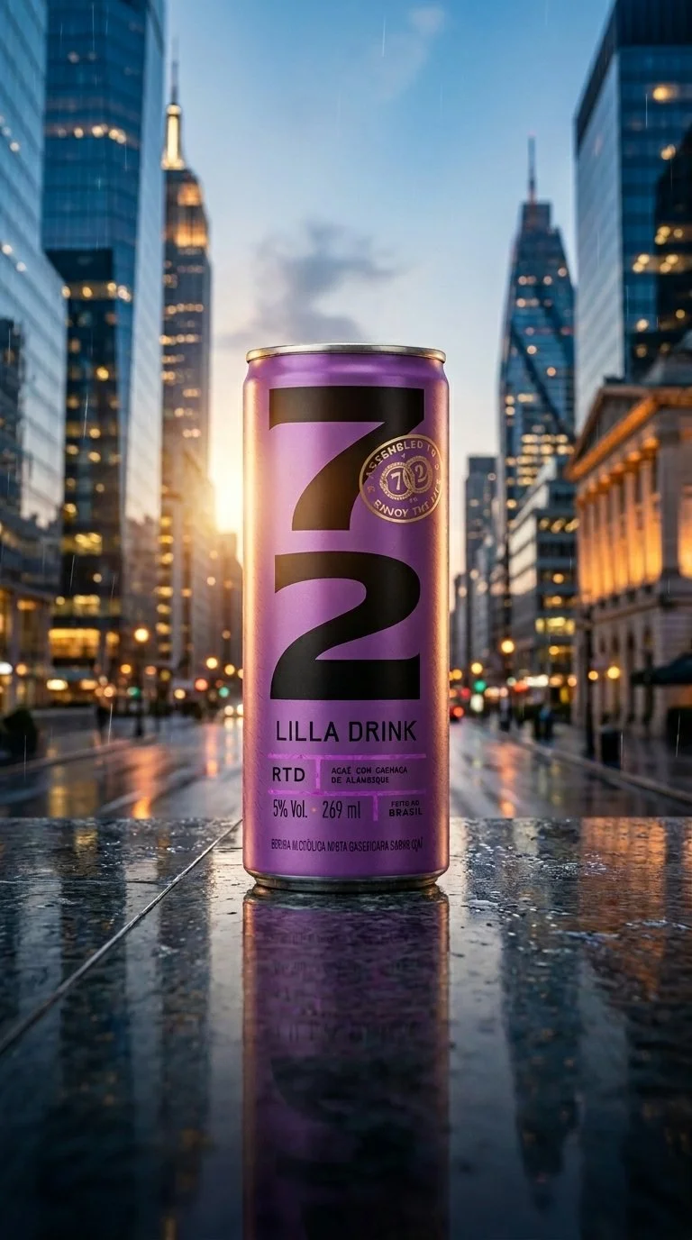 Lata de refrigerante roxa na frente com arranha-céus e céu ao pôr do sol ao fundo