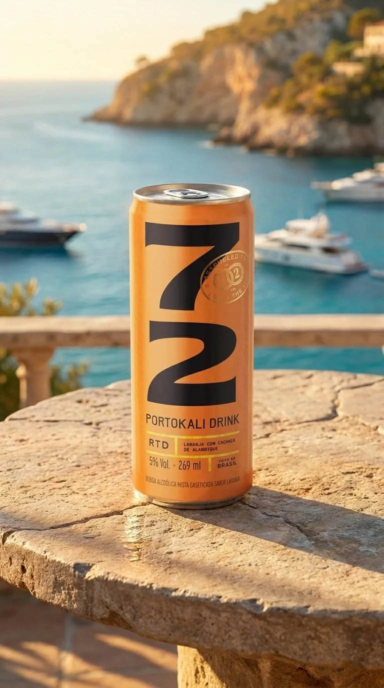 Lata de bebida com descrição 'Portokali Drink' sobre mesa de madeira, com vista para mar e ilhas ao fundo durante o pôr do sol.