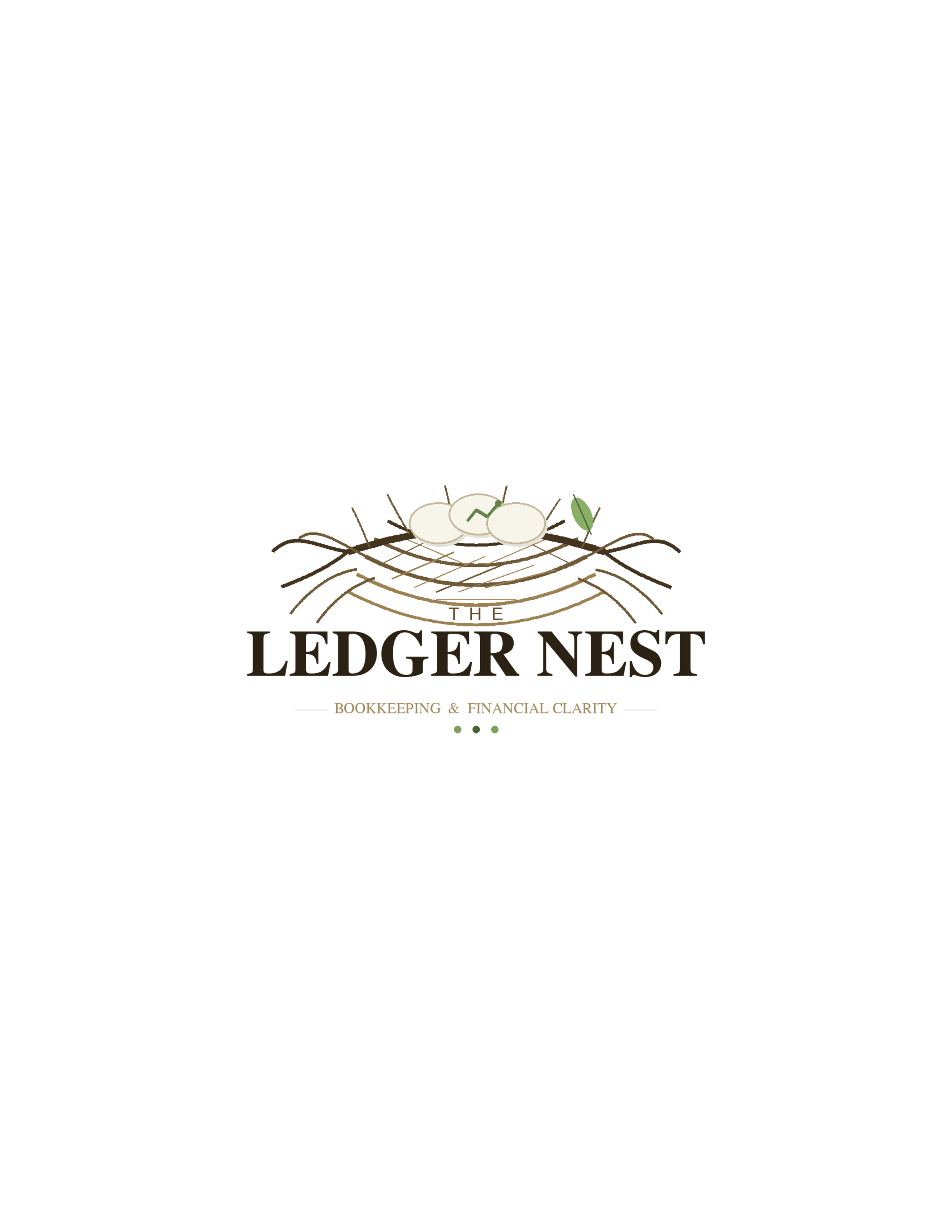Logo for The Ledger Nest, a bookkeeping and financial clarity service, featuring a nest with eggs and a small leaf.