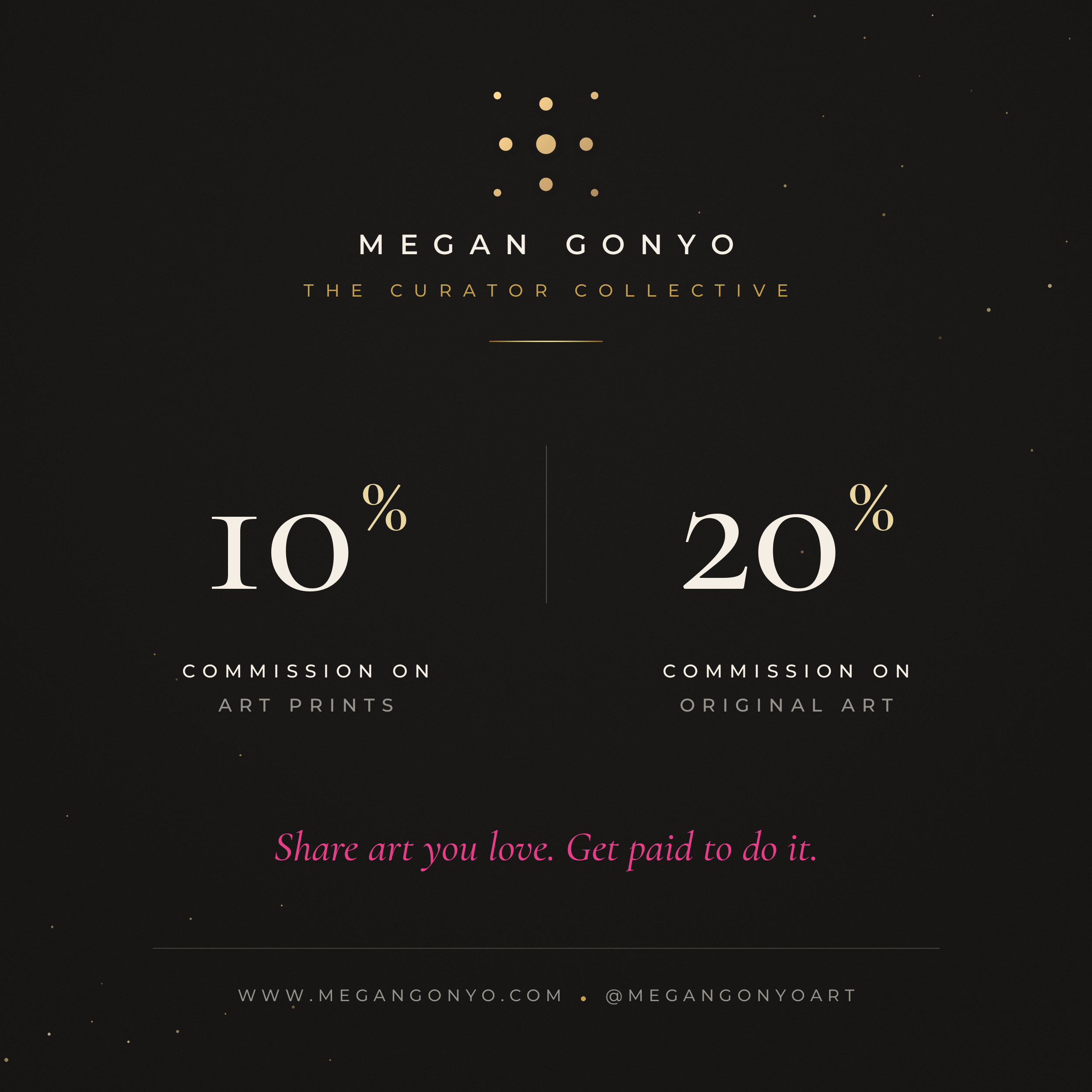 Black background with gold and white dots and text promoting art sales, with sections indicating discounts of 10% and 20%, and a call to share art to get paid, along with website and social media handles.