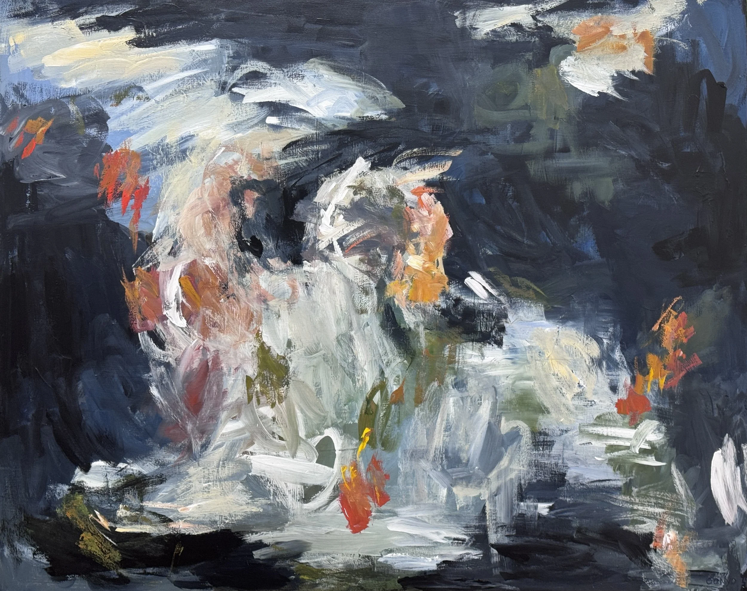 Image close-up of a dark blue painting with flowy brush strokes of white, red, orange, green, gold, and other shades of blue to black that represent the deep waters of an ocean. The painting is titled "Calypso."
