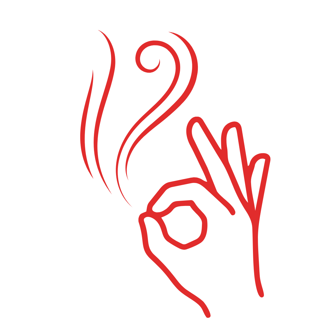 Red outline of a hand making the 'okay' gesture with steam lines above it on a black background.