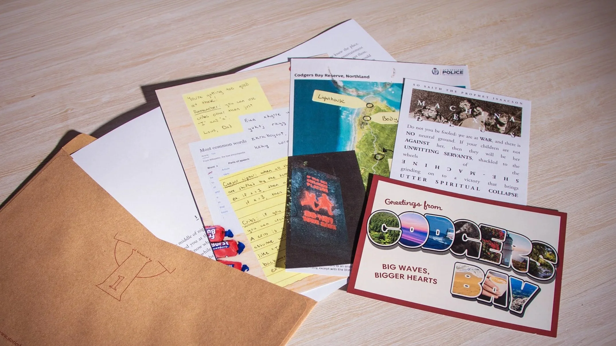 A collection of postcards, notes, and papers spread out on a wooden surface. This is what's included in a Stories by Post subscription: puzzles, games, and a story chapter.