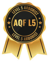 Medal with black and gold design, labeled 'AQF L5' for Level 5 Arborist certification.