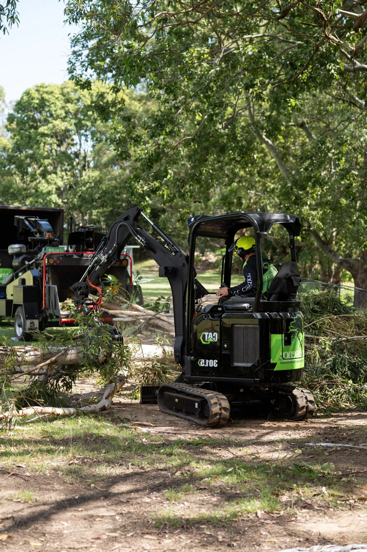 A person operating a small black and green excavator on a dirt ground with fallen tree branches, surrounded by green trees and foliage.