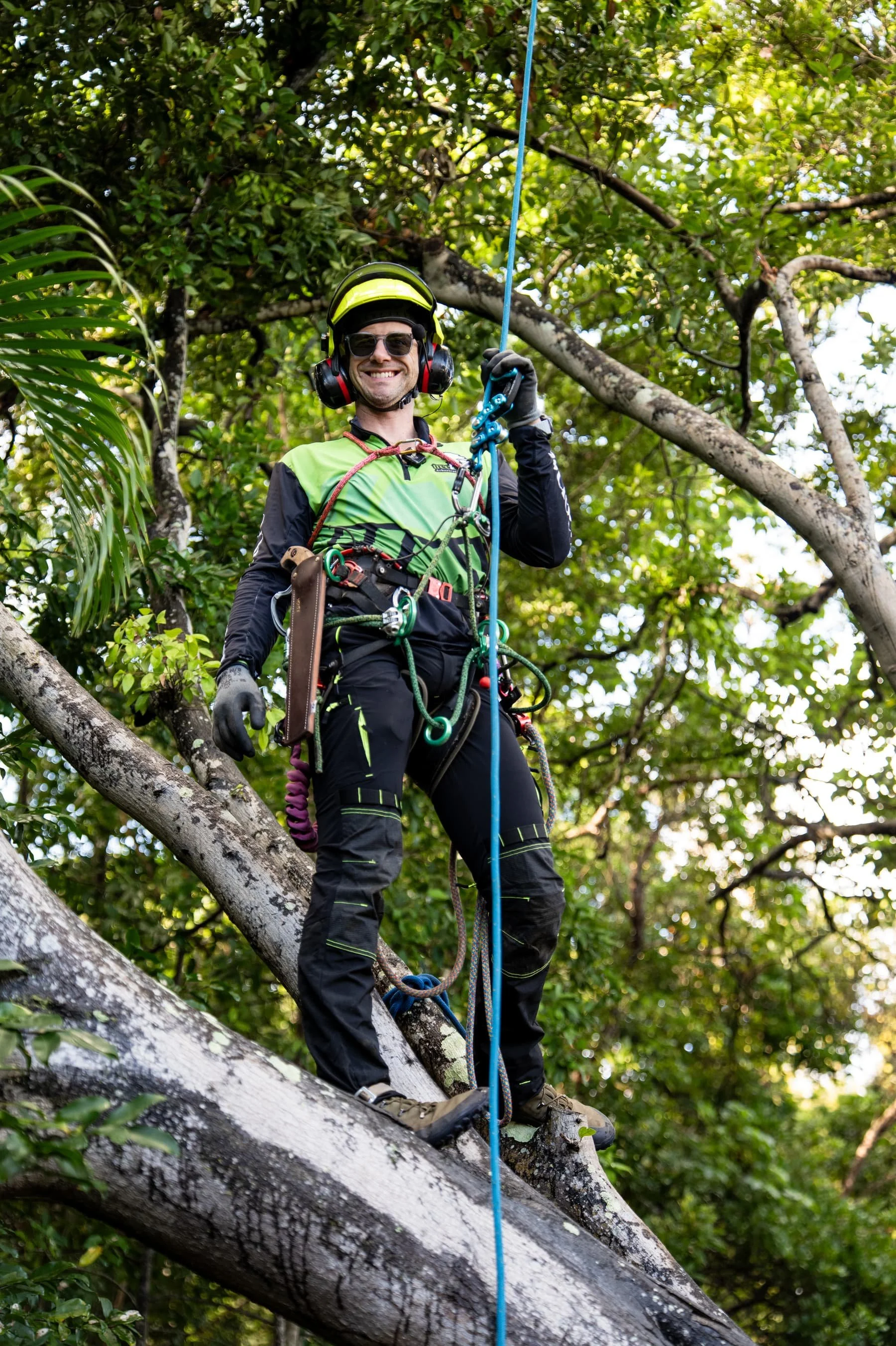 A man wearing sunglasses, a green and black climbing outfit, and a safety helmet is standing on a tree branch, holding a climbing rope, with forest greenery in the background.