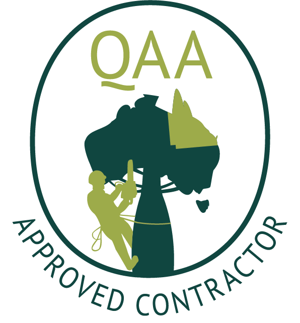 Logo with the acronym 'QAA' at the top, a stylised map of Australia in the center, a person climbing a rope in front of the map, and the words 'APPROVED CONTRACTOR' curved around the bottom of the circle.