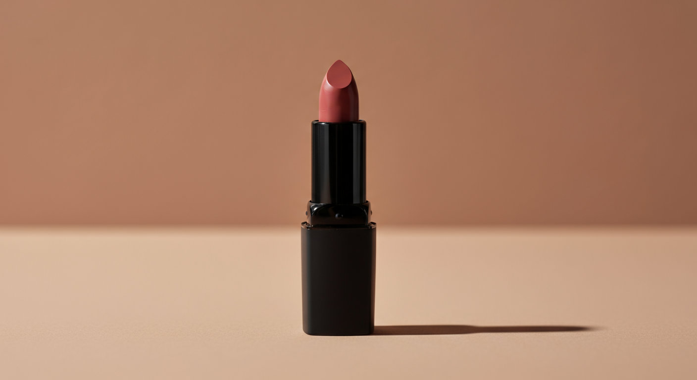A pink lipstick standing upright on a flat surface with a beige background and shadow.
