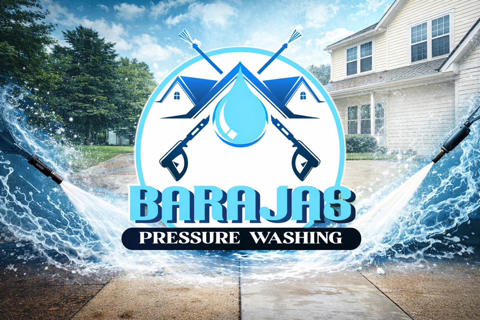 Logo for Barajas Pressure Washing featuring house illustration, water droplets, spray hoses, and pressure washing equipment on a driveway with a house and trees in the background.