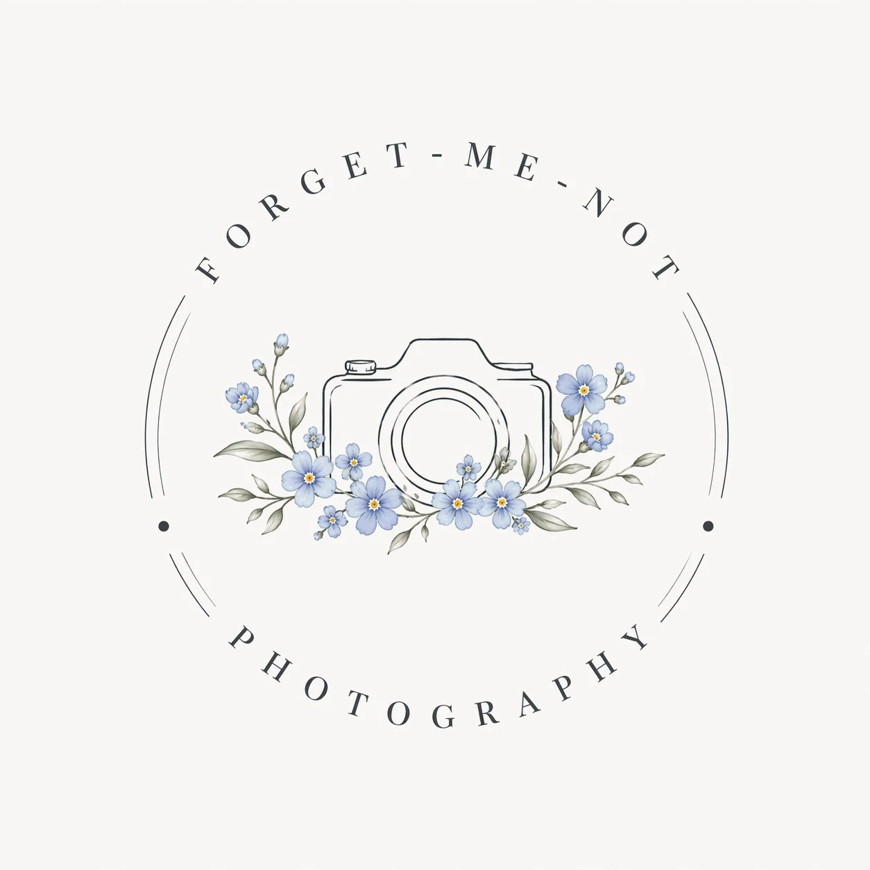 A logo with a camera surrounded by blue flowers and gray leaves, with the words "Forget-Me-Not Photography" in a circular arrangement.