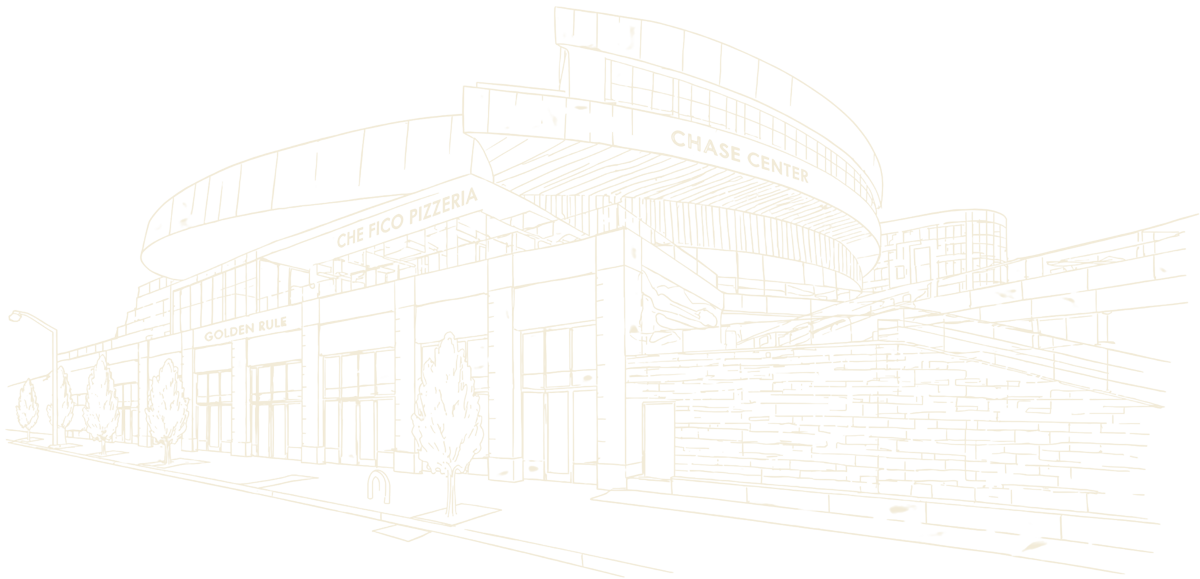 Line drawing of the Chase Center showing the Golden Rule location, trees, and parking spaces in front.