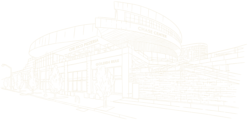 Line drawing of a shopping mall with trees, streetlights, and signs for 'Chase Center' and 'Golden Rule'.