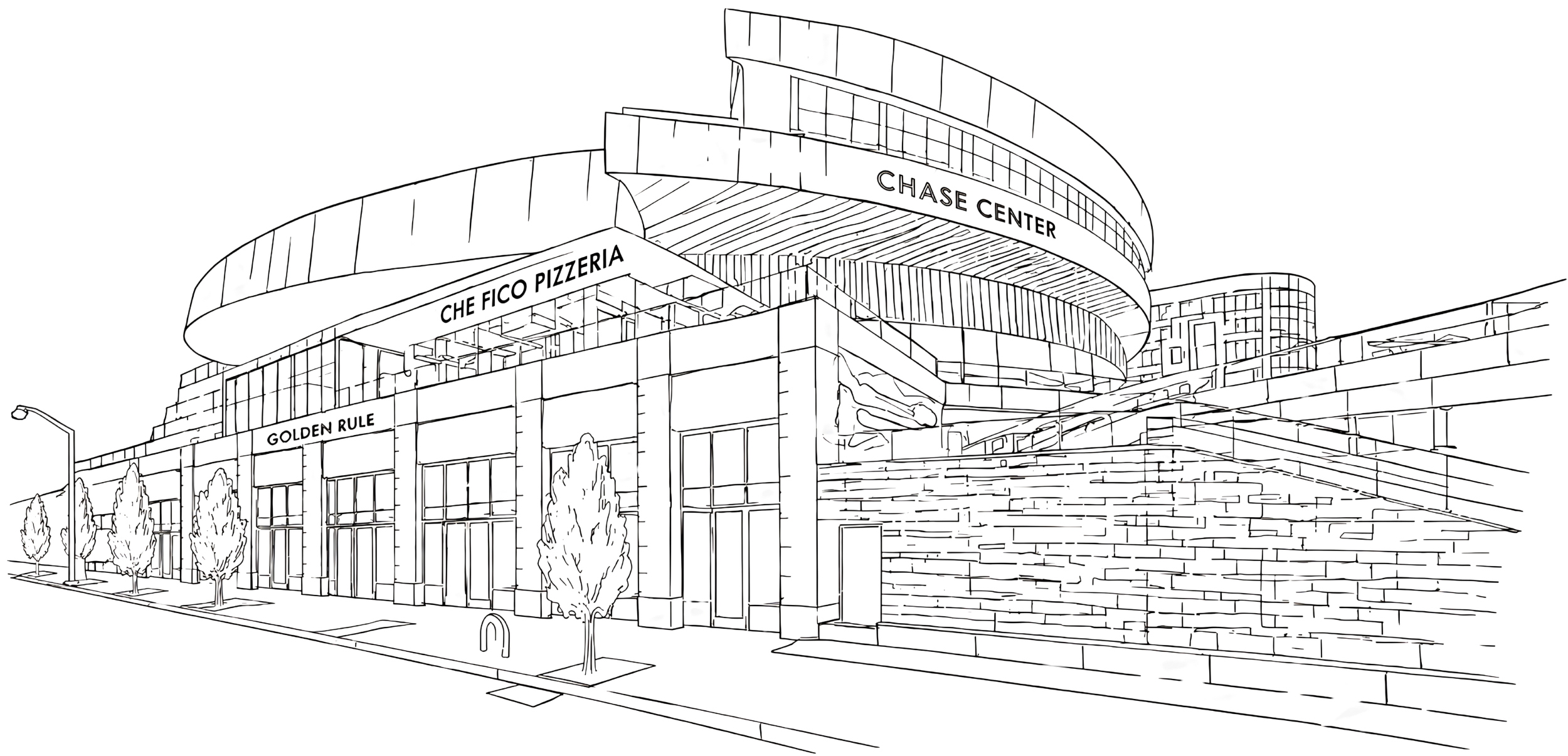Outline drawing of the Chase Center, Che Fico Pizzeria, and Golden Rule.