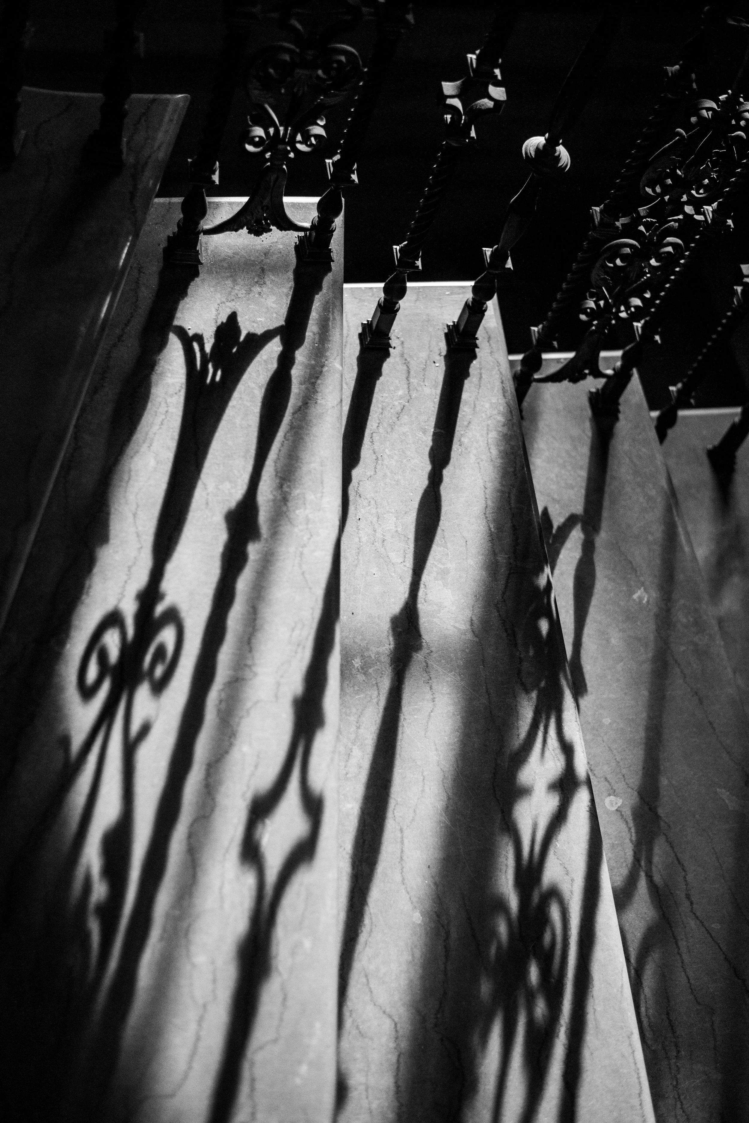 Shadows of ornate metal railings cast on a staircase with a marble surface in black and white.