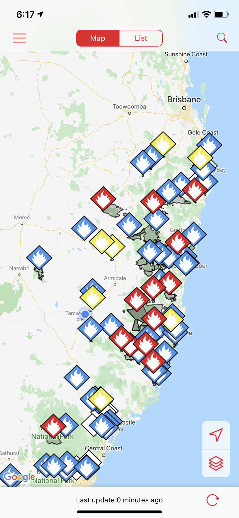 Ein Ausschnitt der neuen Buschfeuer in NSW im Dezember