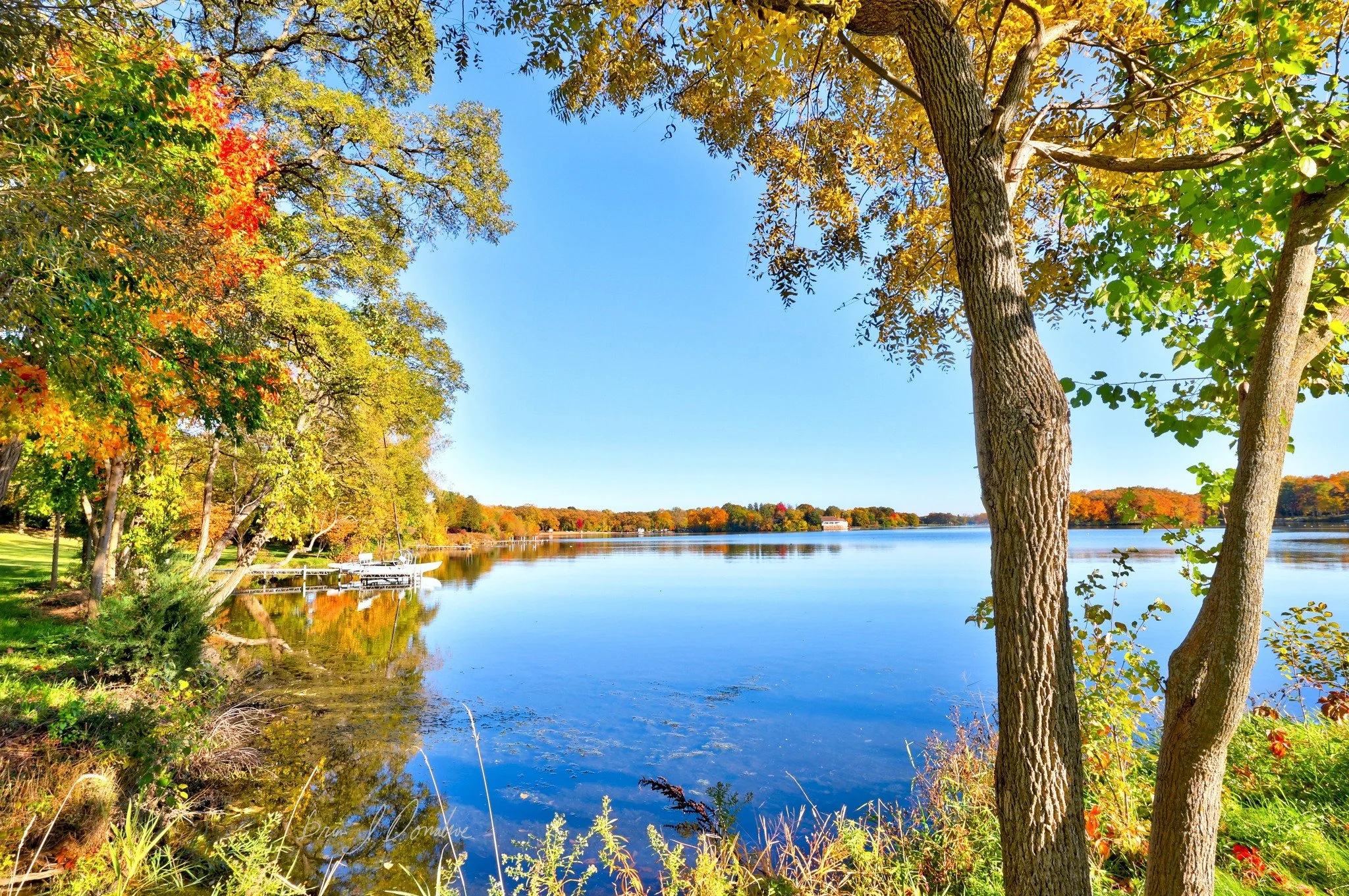 A peaceful Countryside Lake scene with trees displaying autumn foliage, a dock with boats, and a house in the background under a clear blue sky.