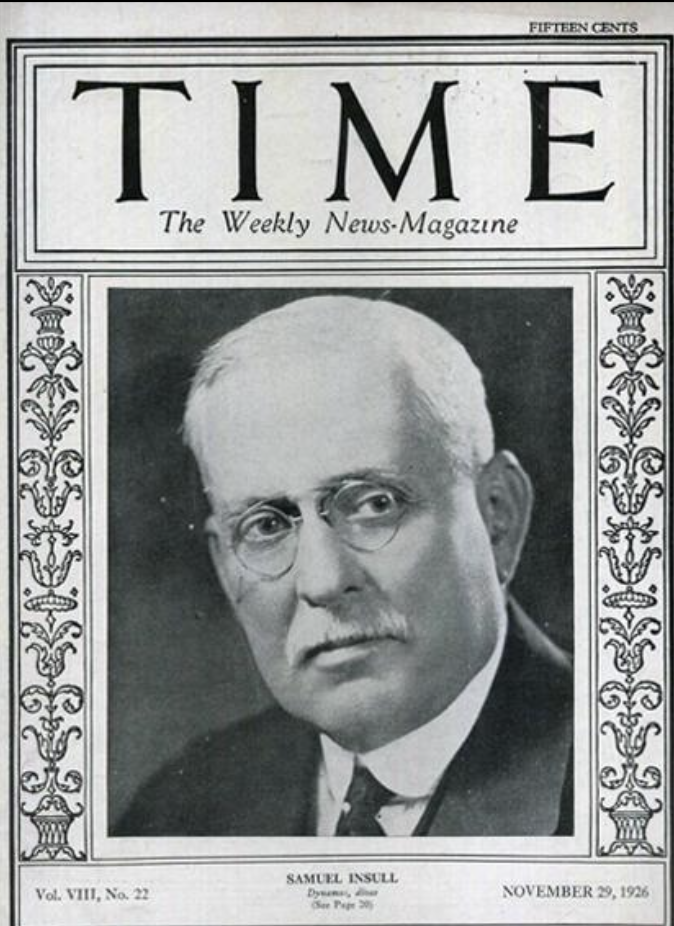 Black and white cover of Time magazine from November 29, 1926, featuring a portrait of Samuel Insull, an American business magnate, with decorative border and magazine title at the top.