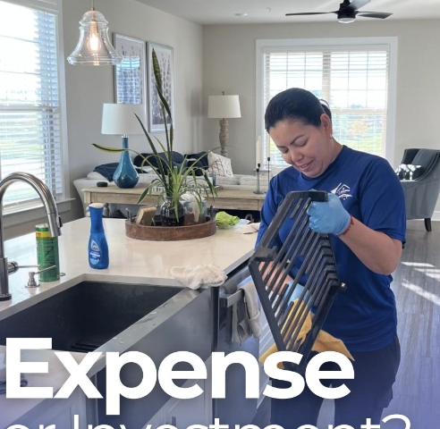 A woman cleaning a black dish rack in a modern kitchen with sunlight coming through the windows, with the word 'Expense' overlaid.