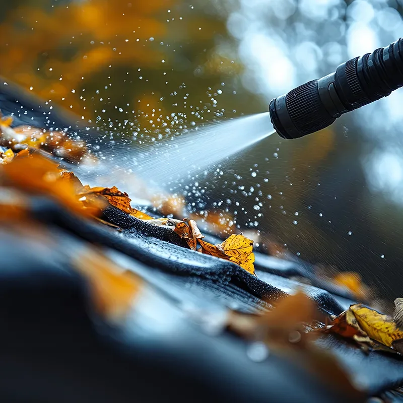 A garden hose spraying water over fallen autumn leaves showing our gutter Cleaning Services in the Frederick Maryland Area.