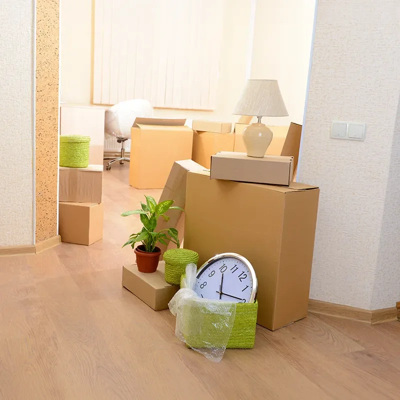Living room with moving boxes, a potted plant, a clock, a table lamp, and a white desk chair in the background.