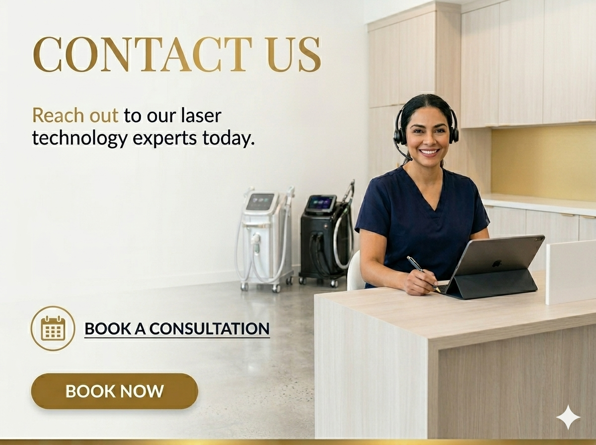 A smiling female customer service representative sitting at a desk with a laptop, wearing a headset, in a modern clinic or office setting, promoting contact for laser technology consultations.