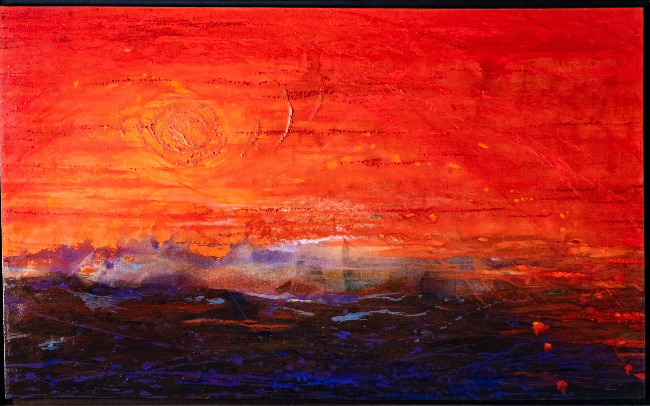 "canticum dei" 
50" X 79"  acrylic on canvas                     $6000

framed and wired by artist