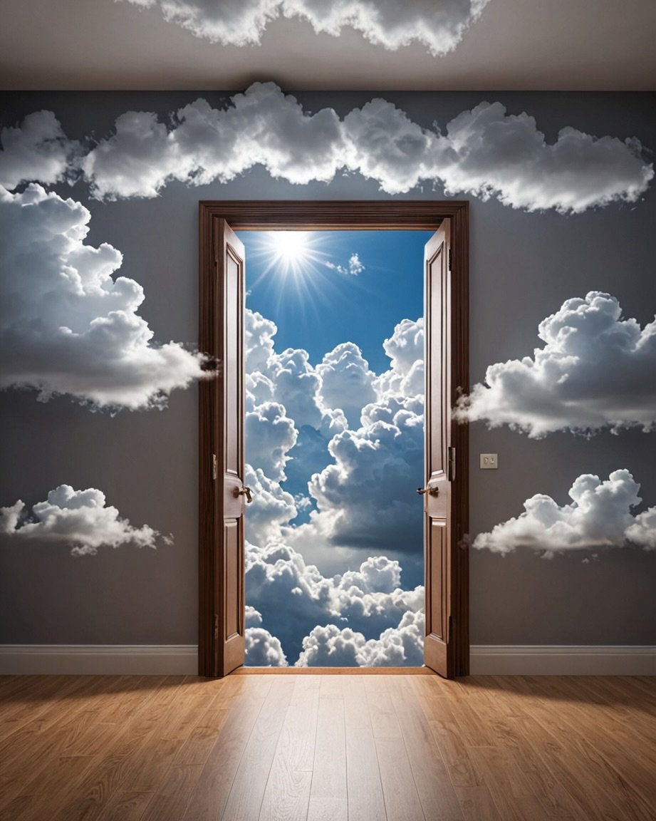 Room with open double doors revealing sky filled with clouds and sunlight