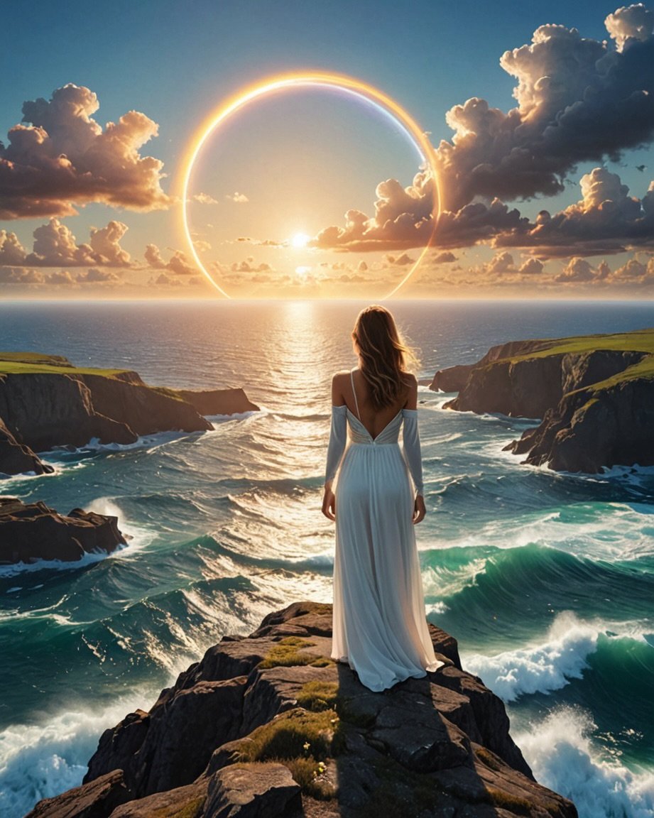 A woman in a long white dress standing on a rocky cliff, facing the ocean at sunset. Sun is partially covered by clouds, creating a bright halo and circular rainbow in the sky.