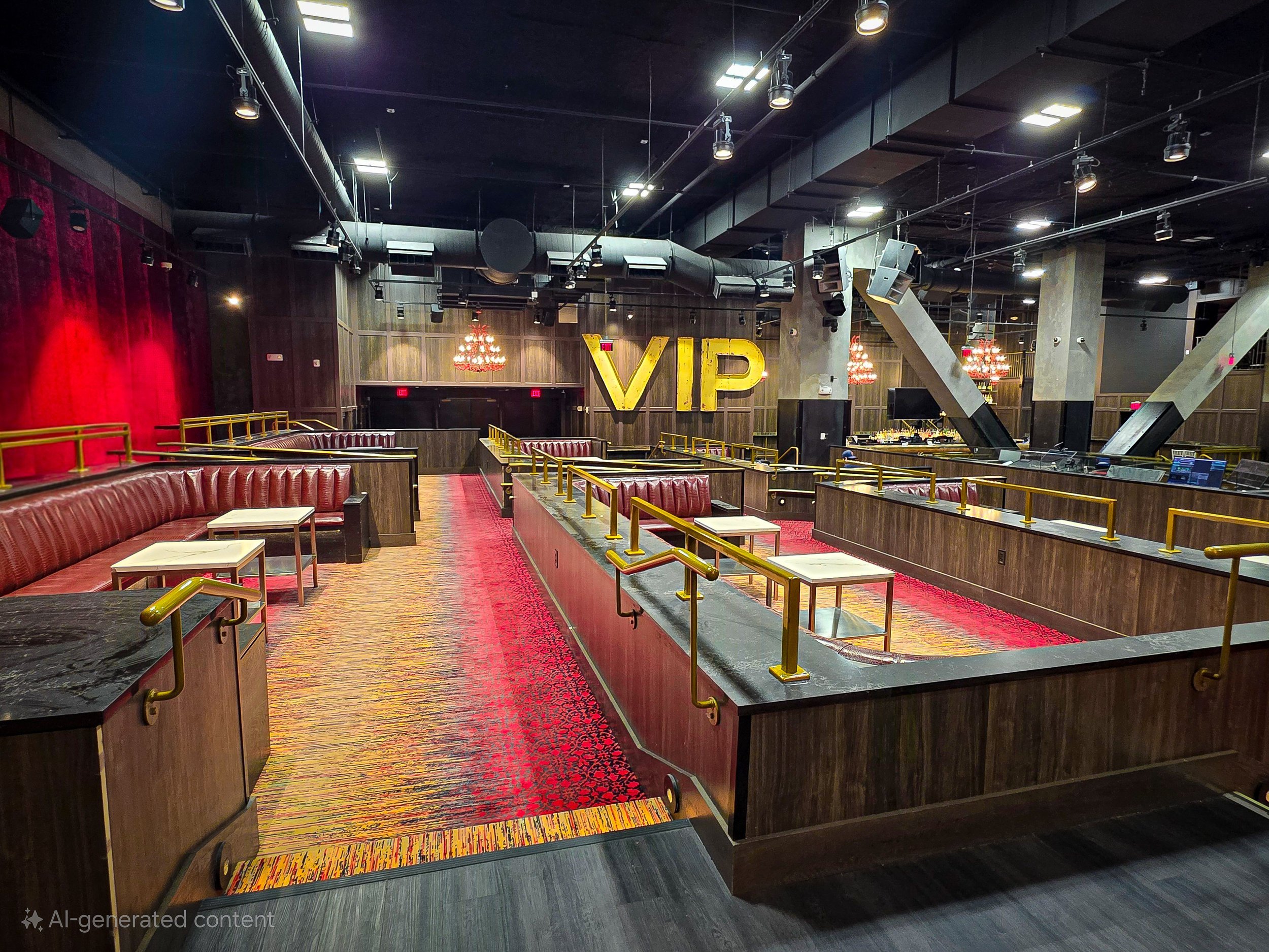 Indoor entertainment venue with seating area, large illuminated 'VIP' sign on dark wood wall, red and patterned carpet, red leather booths, and chandeliers, ceiling with black ductwork and lighting.