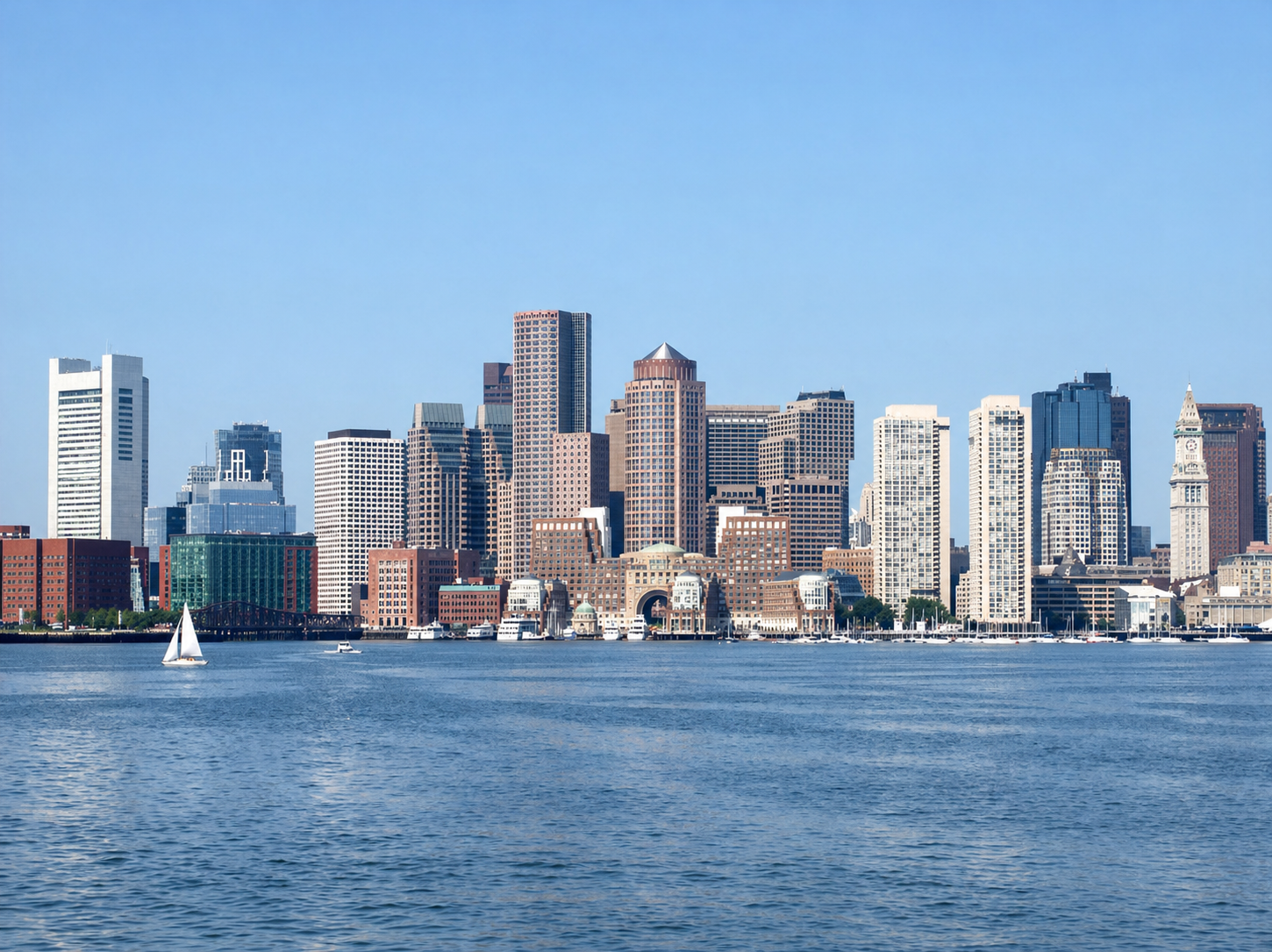City skyline with tall buildings across a body of water, with sailboats and yachts.