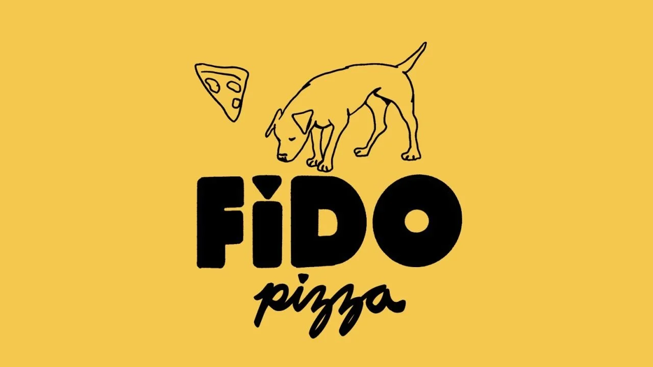 A yellow background with a black outline of a dog, a slice of pizza, and the text 'Fido Pizza' in bold and cursive fonts.