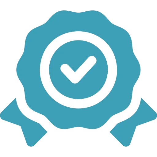 Blue award ribbon with a checkmark in the center.