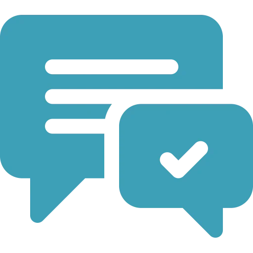 Two speech bubbles, one with lines representing text and a checkmark, indicating communication or approval.
