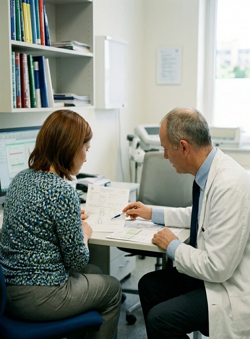 Doctor reviewing DVA medical assessment documents with veteran patient at Moncur Health Services