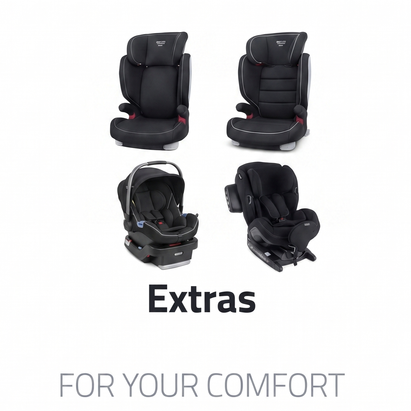 Image showing four different black car seats and car seat accessories with the word 'Extras' underneath, indicating additional or optional features for car seats.
