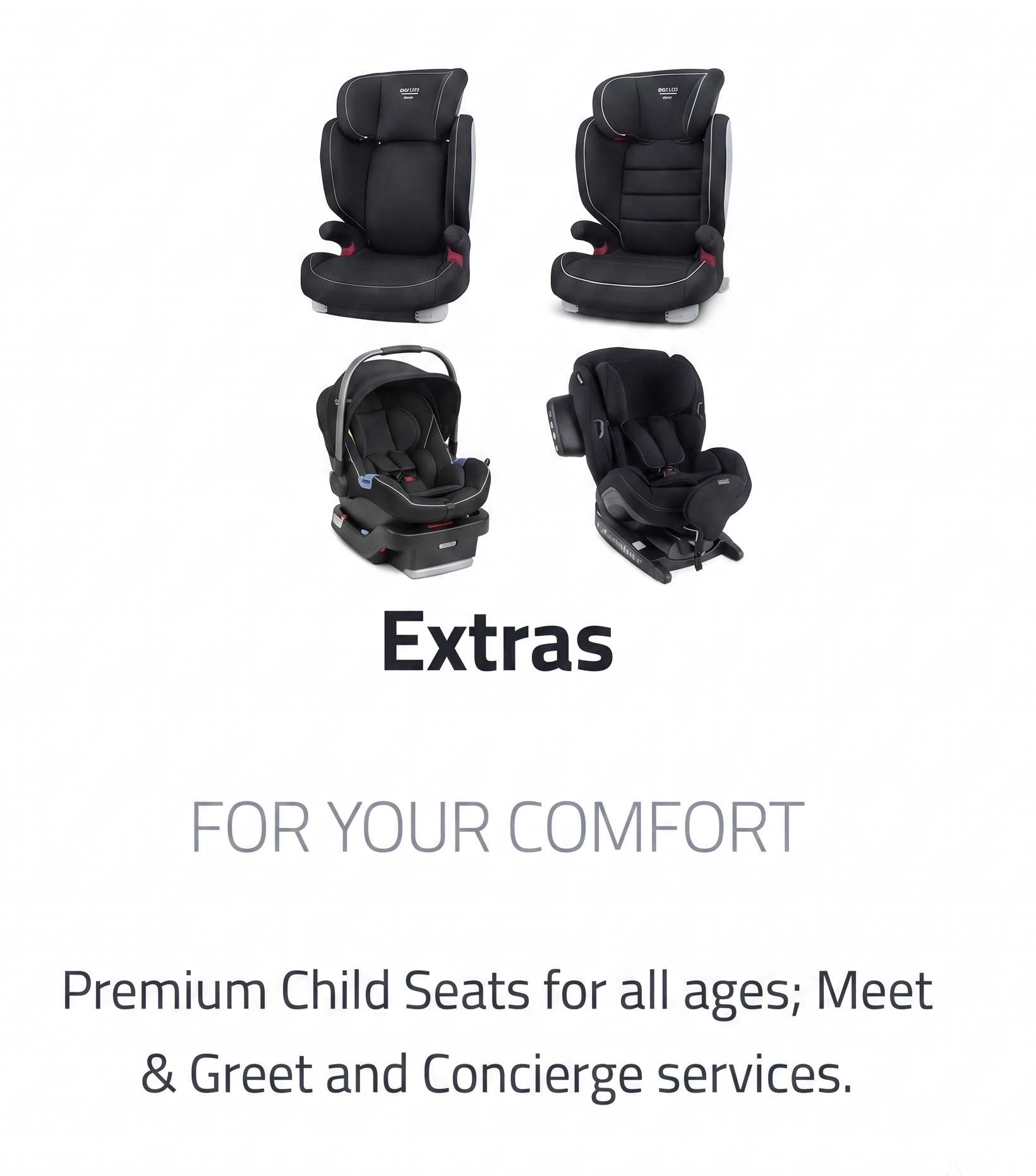 Image showing four different types of child car seats, arranged in a grid with two seats on the top row and two seats on the bottom row. The text partially visible indicates they are extras for comfort.