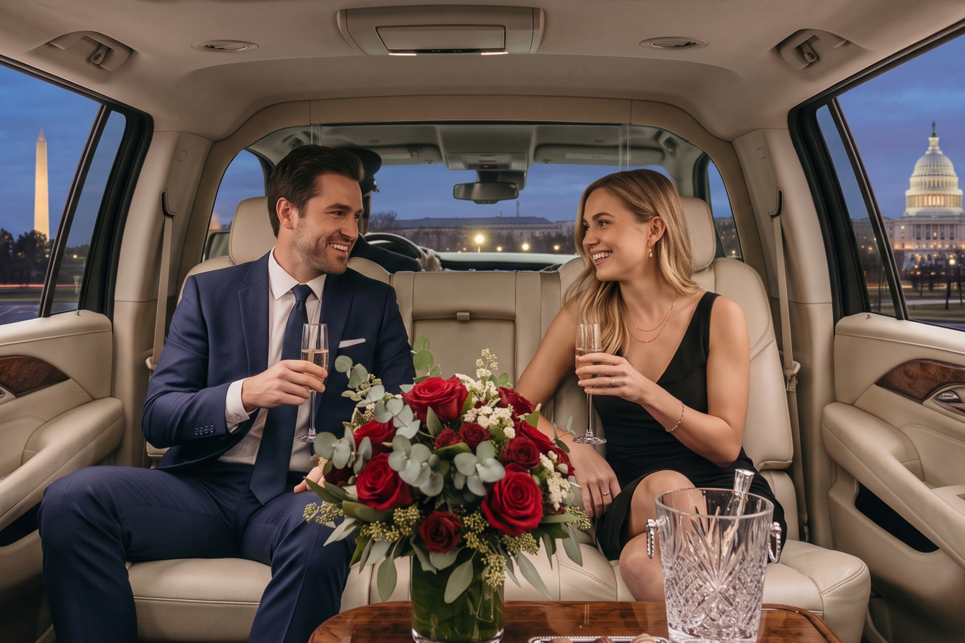 Couples enjoying luxury date night transportation with a private chauffeur in Washington DC by Capital Executive Car Services