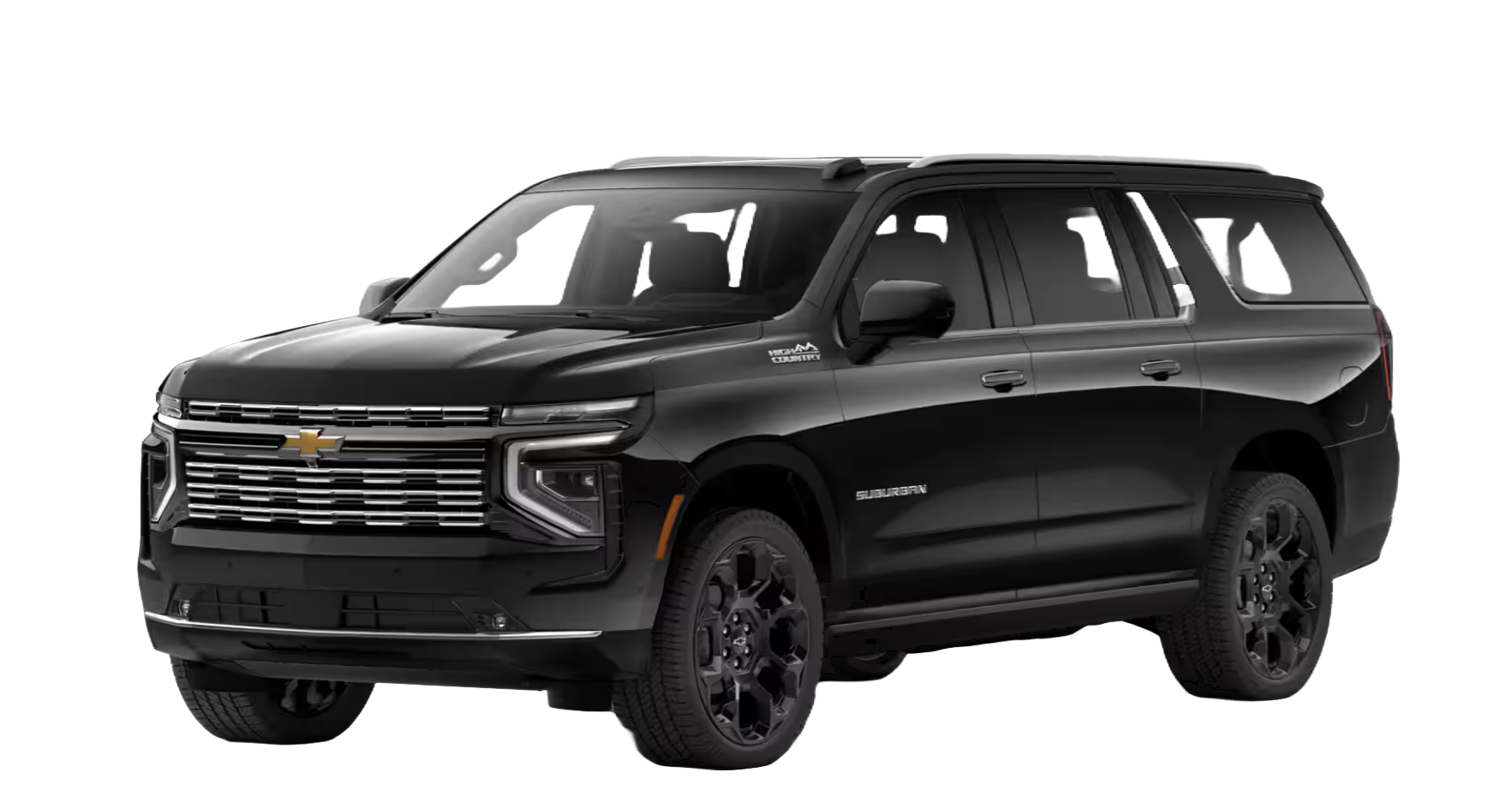 Black Chevrolet Suburban SUV with chrome grille and black wheels