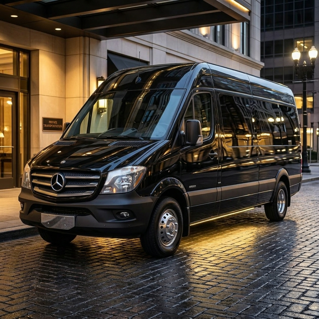 Black Mercedes Sprinter luxury van for 13-passenger corporate group transportation in Washington DC, DCA, IAD, BWI.VIRGINIA, MARYLAND