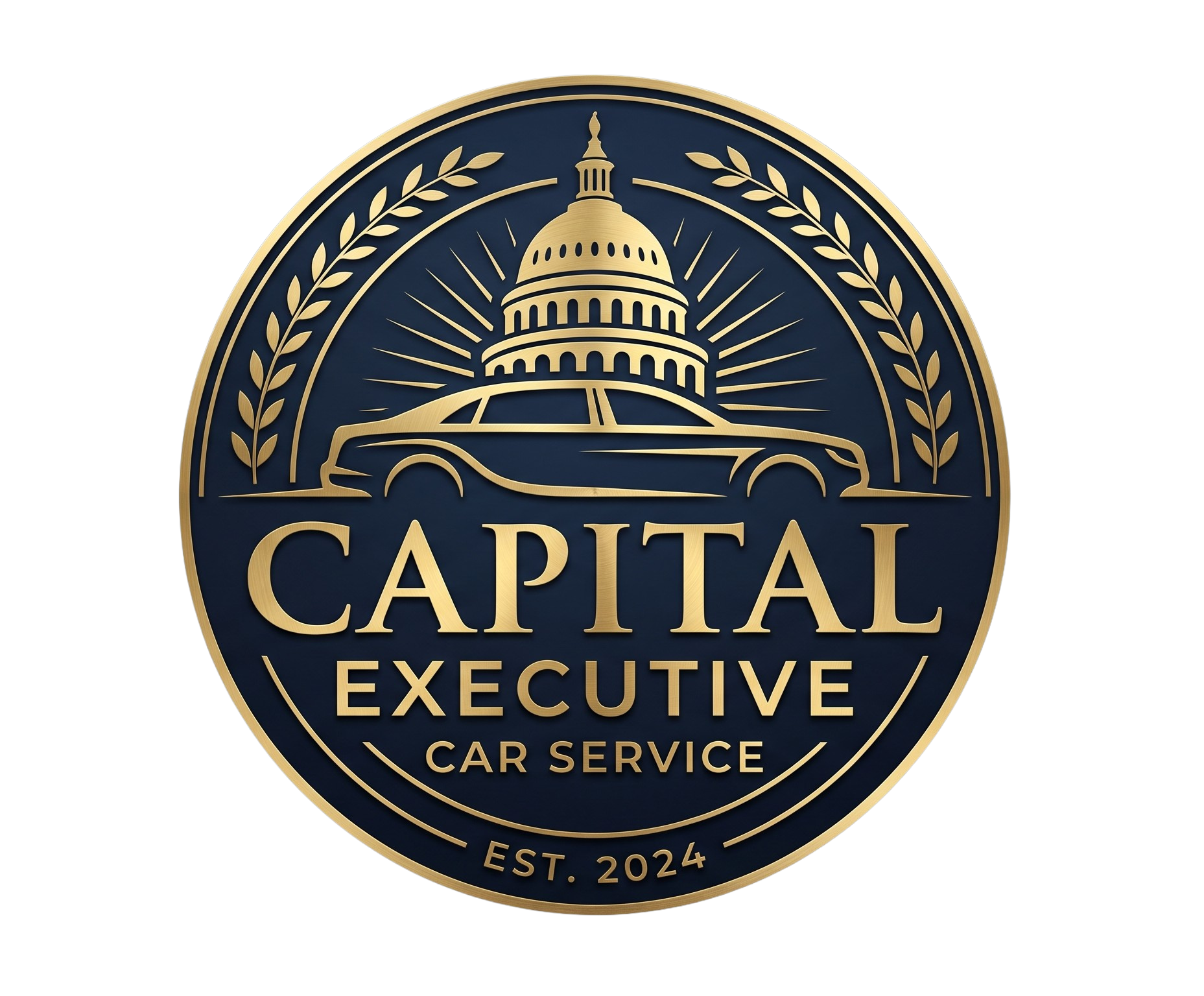 Gold and navy circular logo for Capital Executive Car Service, featuring an outline of the U.S. Capitol building, a car silhouette, and decorative laurel leaves, with text indicating establishment in 2024.