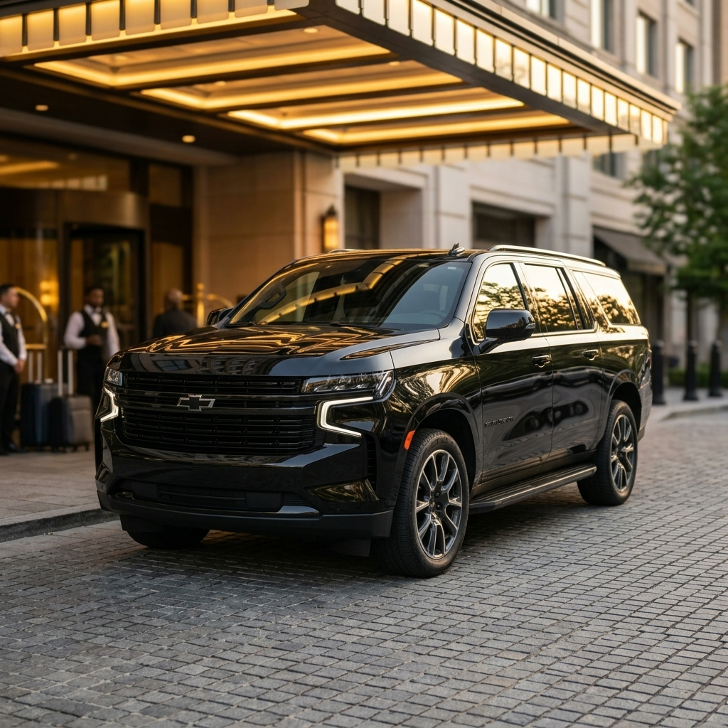 Sleek black Chevrolet Suburban, Cadillac Escalade executive SUV parked outside a corporate office building, DCA, IAD, BWI