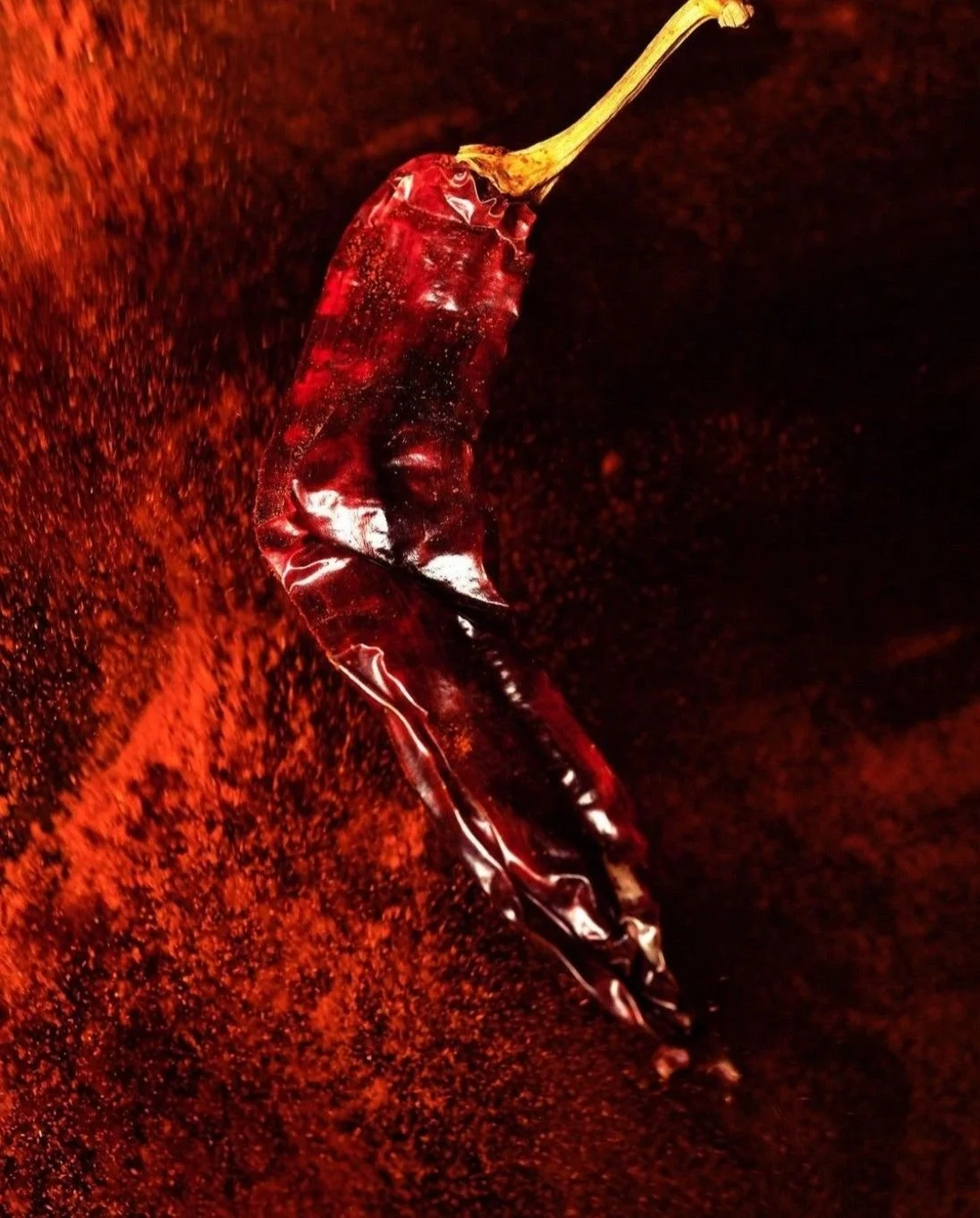 A close-up of a dried red chili pepper on a dark red textured background.