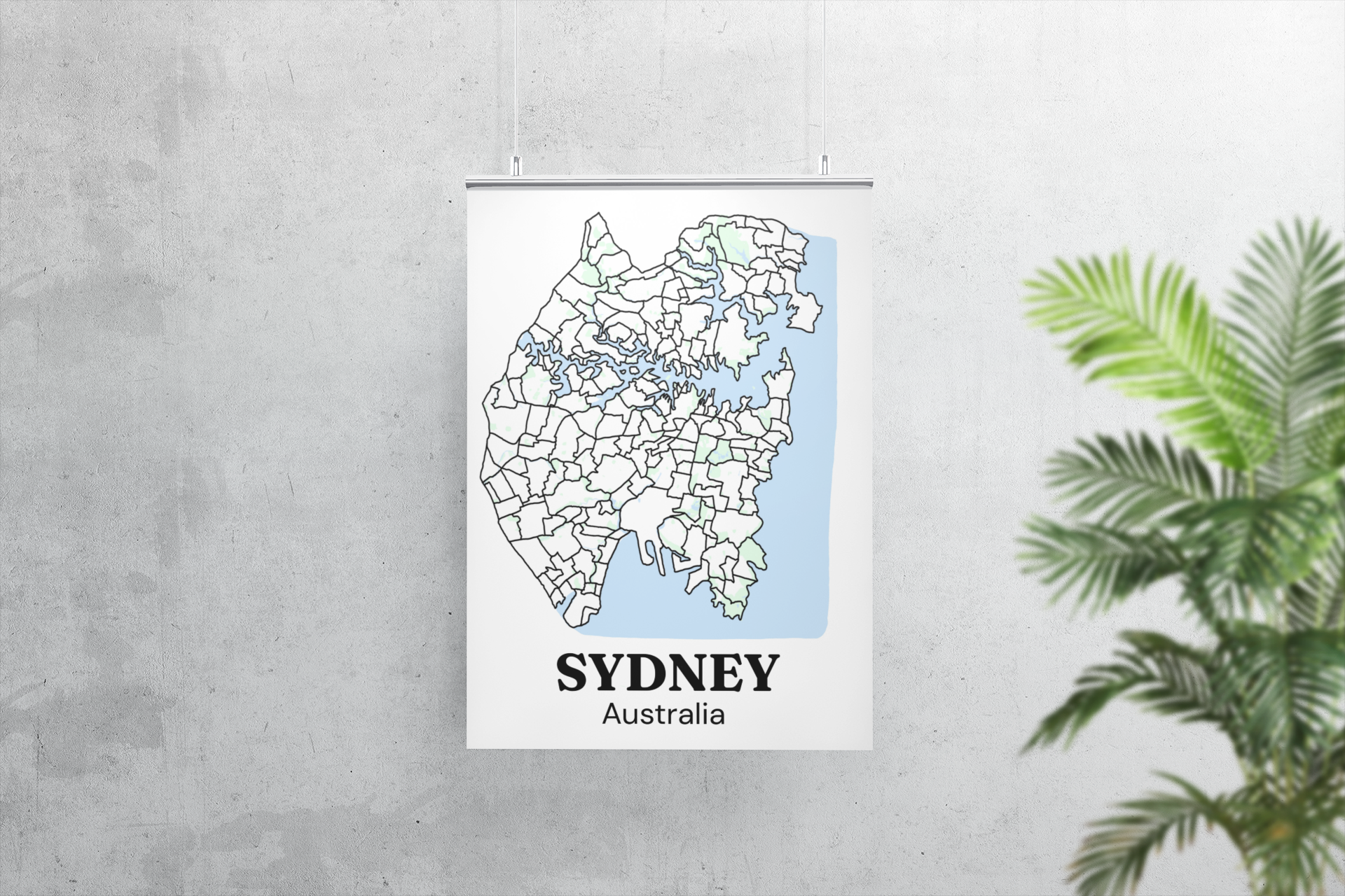 Bare Sydney suburb map print, unframed, hanging against a concrete wall beside a potted palm plant