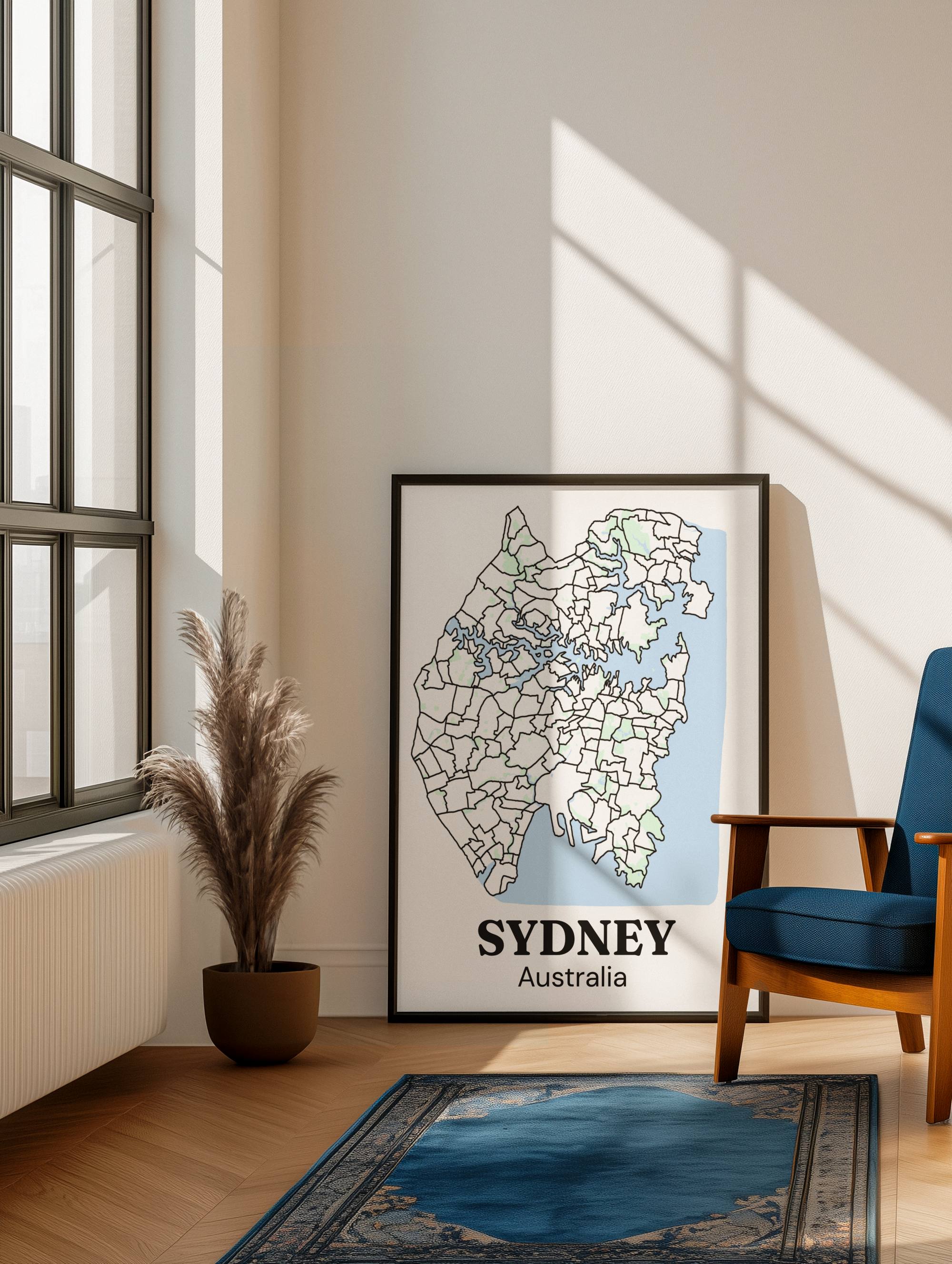 Black-framed bare Sydney suburb map print leaning against a sunlit living room wall beside a pampas grass plant and armchair.