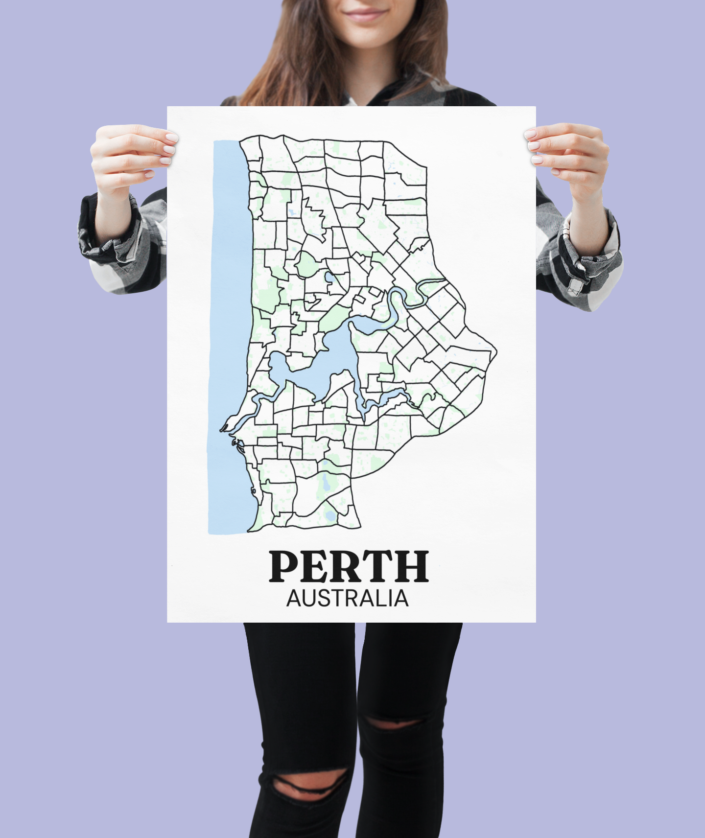– Unframed suburb boundary map poster of Perth, Australia held up by a person against a lavender background.