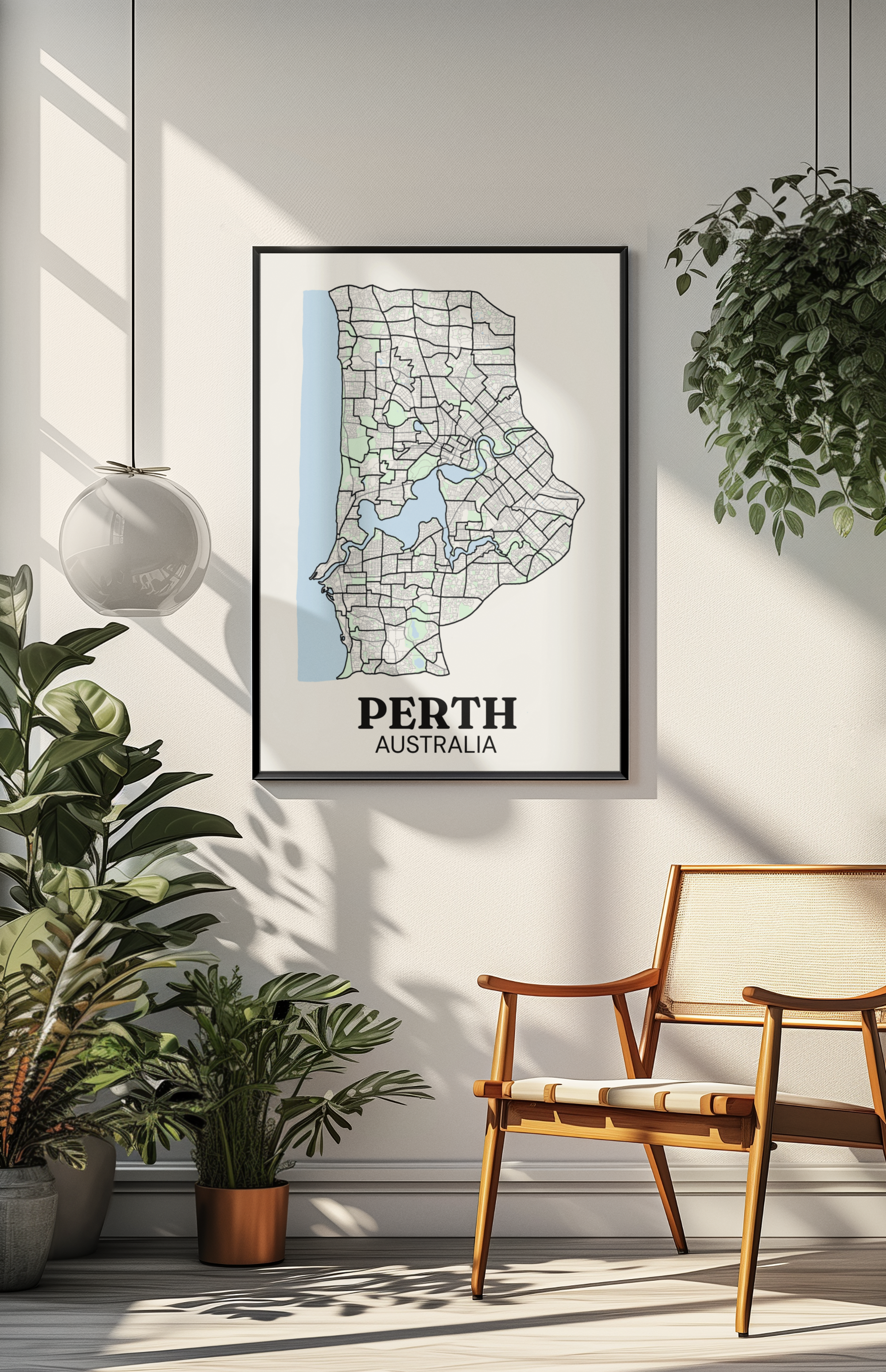 Black-framed colour street map print of Perth, Australia hung on a wall surrounded by hanging and potted greenery, beside a cane armchair.