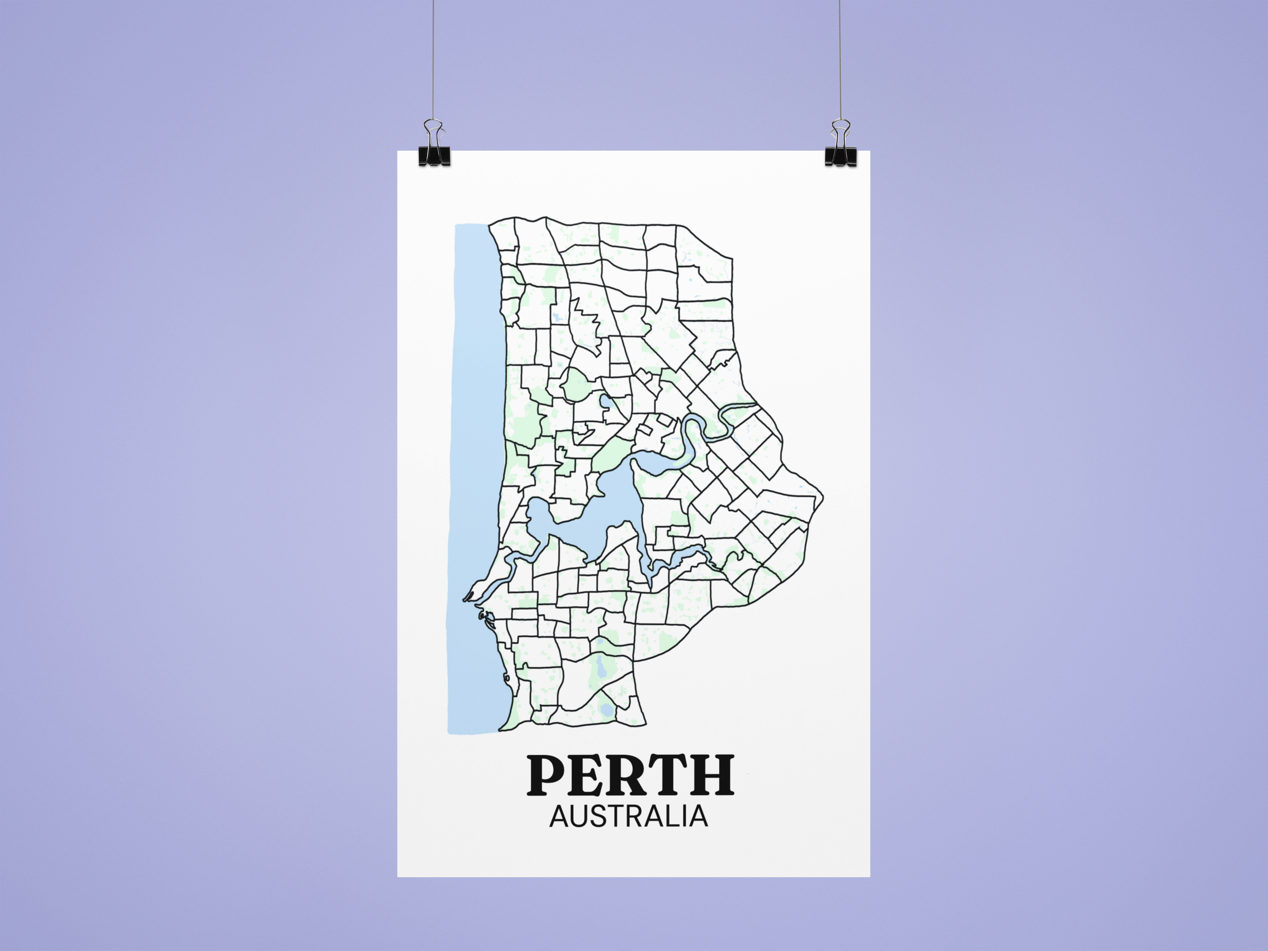 Unframed suburb boundary map poster of Perth, Australia shown hanging from bulldog clips against a lavender background.