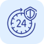 A blue and white clock icon with a 24-hour symbol, indicating 24-hour service or availability.