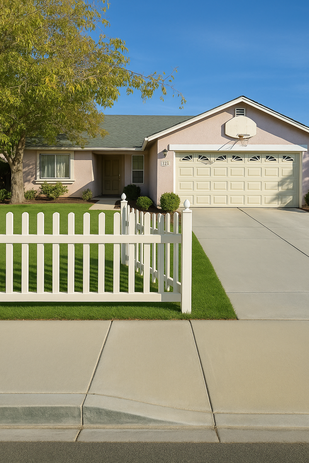 A suburban house with a beige exterior, white garage door, green lawn, white picket fence, and a large tree on the left, under a clear blue sky.