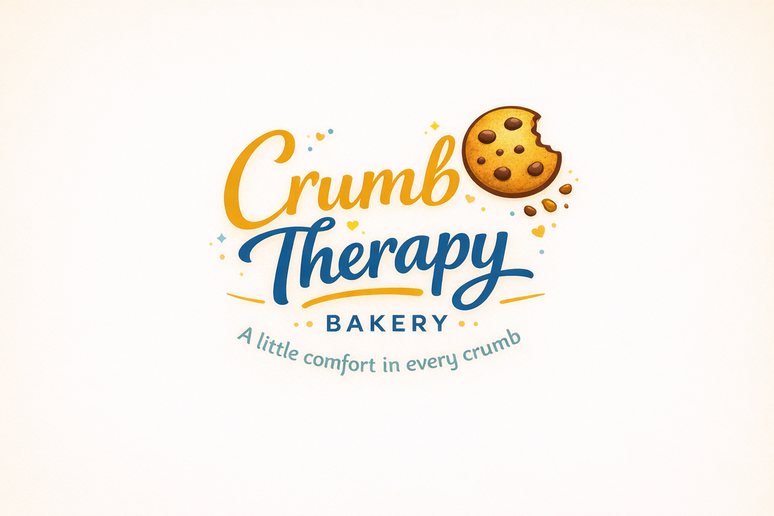 Logo for Crumb Therapy Bakery with a cookie illustration and the tagline 'A little comfort in every crumb'.